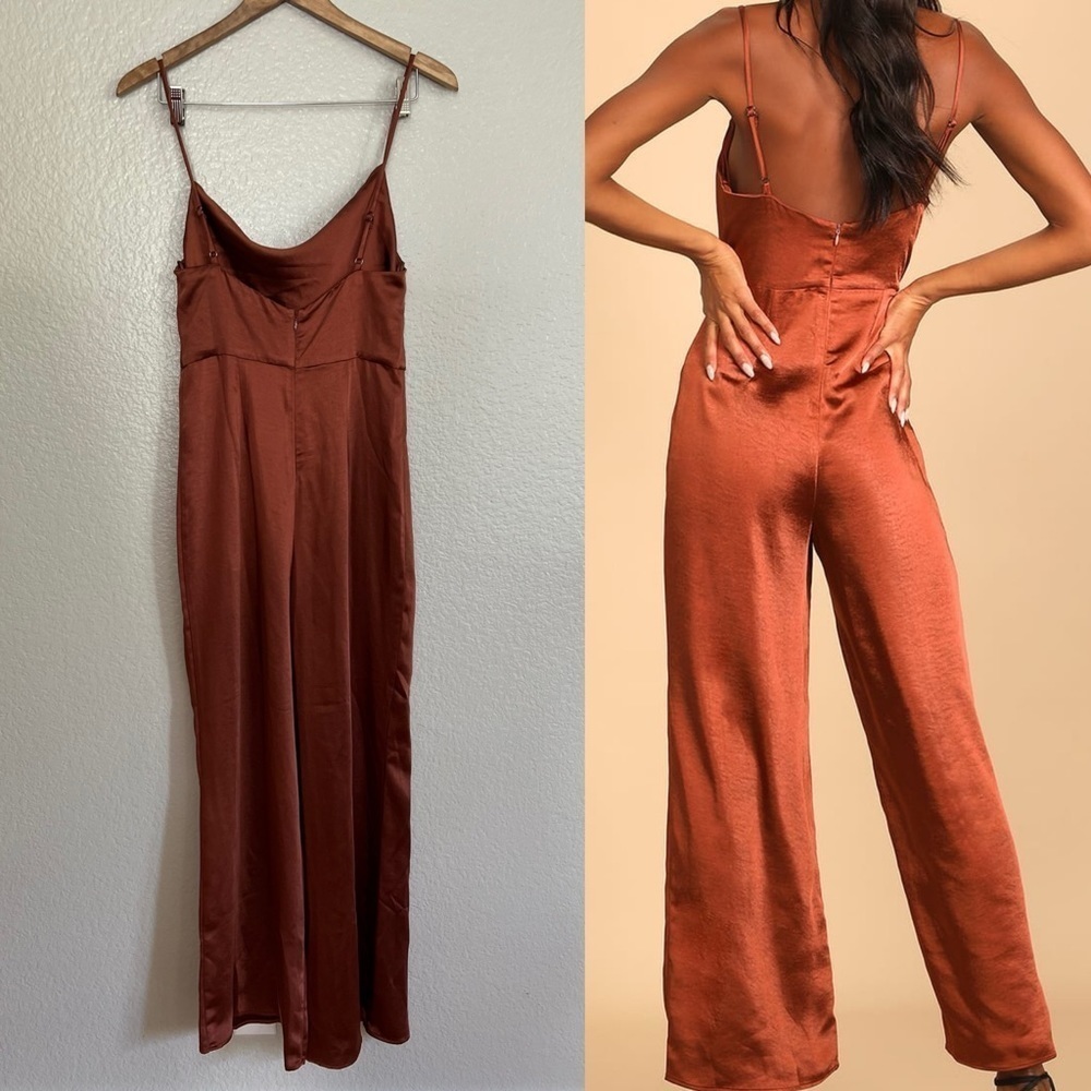 Perfect Night Brown Satin Cowl Neck Culotte Jumpsuit - Picture 3 of 10